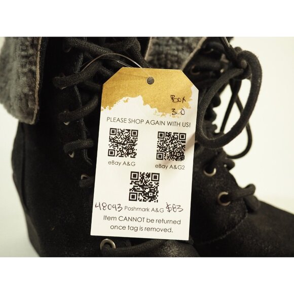 Ugg Zea Black Leather Fold-over Gray Sheepskin Detail Wedge Heel Winter Boots, 5 - Picture 10 of 10